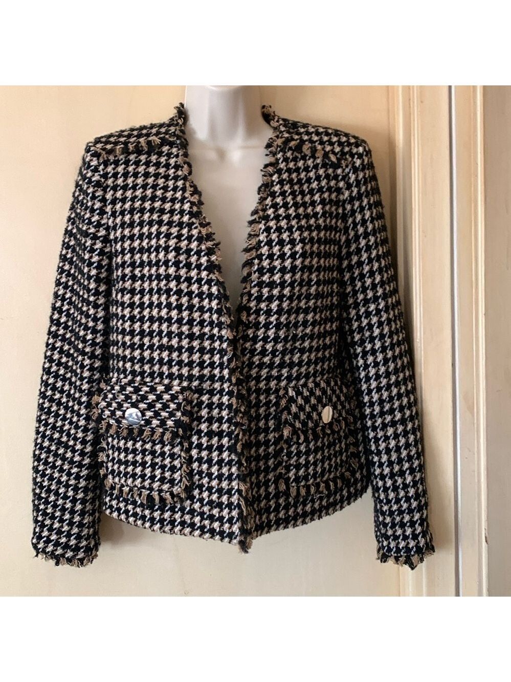 Zara black and tan fringe houndstooth jacket size XS